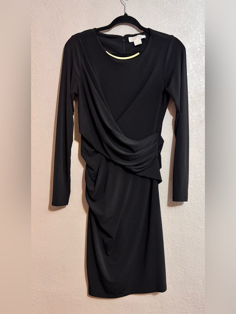 Michael Kors Long Sleeve Black Ruched Dress with Gold Neck Detail